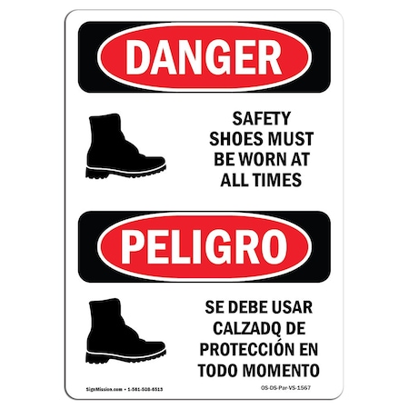 OSHA Danger, Safety Shoes Must Be Worn Symbol Bilingual, 24in X 18in Aluminum